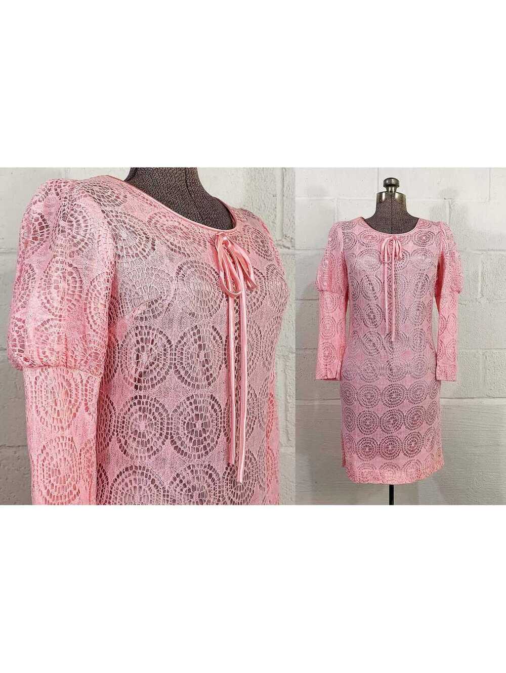 Pink Lace Mini Dress Leg of Mutton Sleeve Wedding Guest 1960s XS